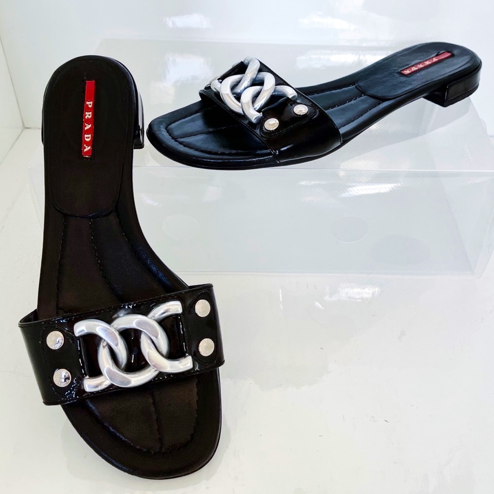 Authentic Prada Black Patent Leather & Chain Slide Sandals